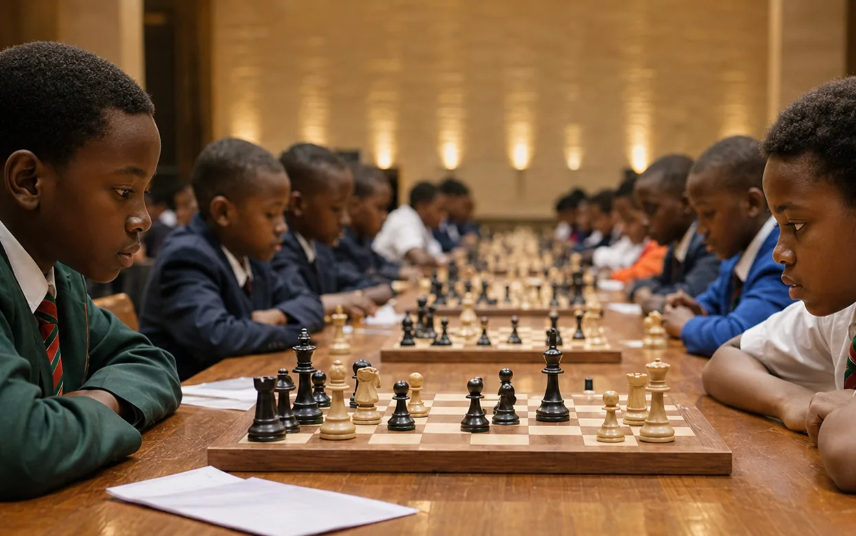 Students competing at qualifying-round chess boards